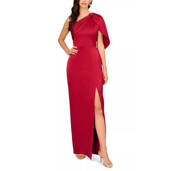 NEW AIDAN MATTOX asymmetric draped one-shoulder gown dress in matador red